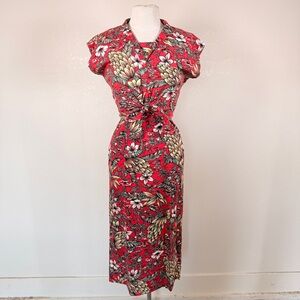 Hilo Hattie Vintage Hawaiian Dress Red 2 Piece Tie Midi Summer Dress Bananas